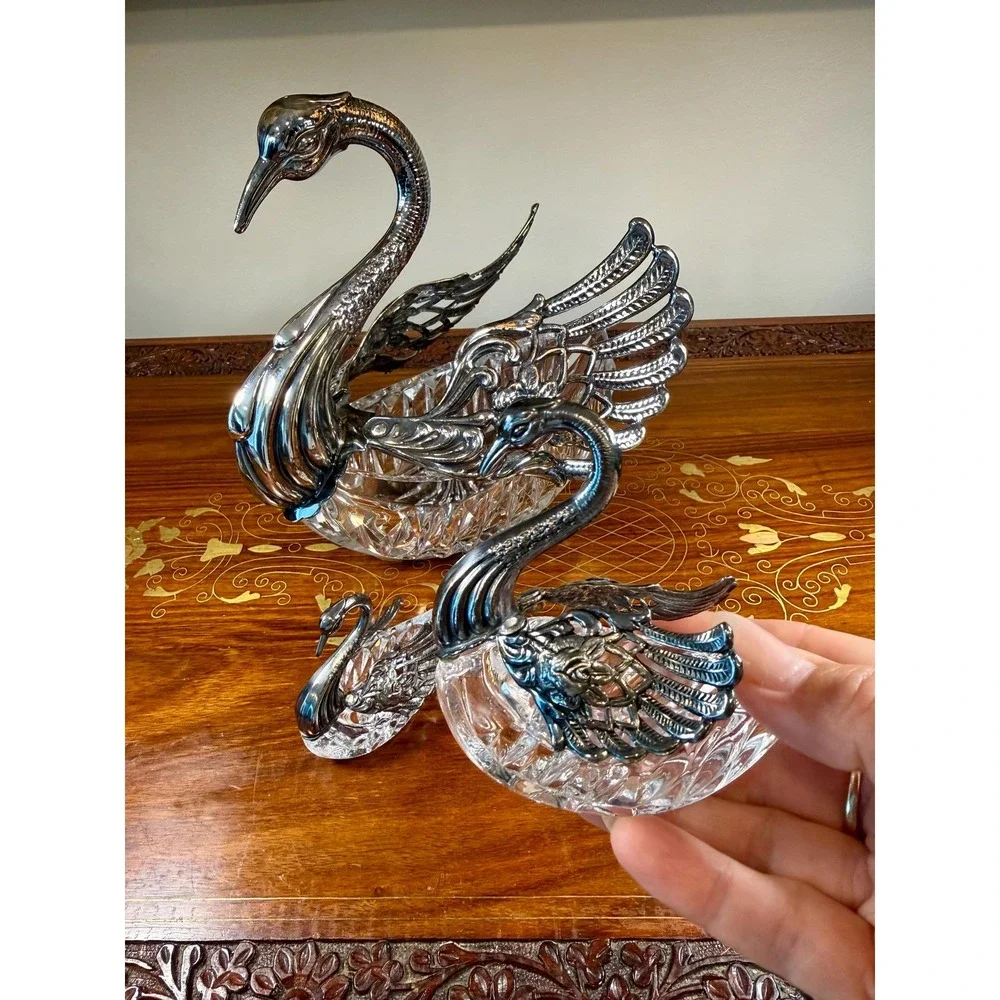Vintage 3-Piece Crystal Swan Set Centerpiece Bowl with 2 Salt Cellars